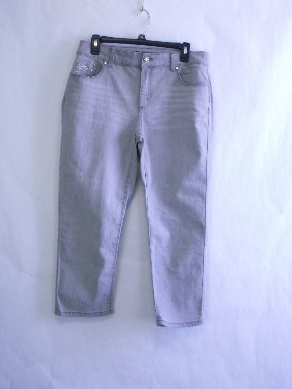 Chico's Gray Platinum Denim Rhinestone Crop Pants